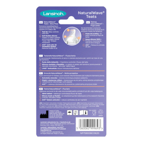 Lansinoh Smoczek do butelki Natural Wave o wolnym przepływie S 2 sztuki