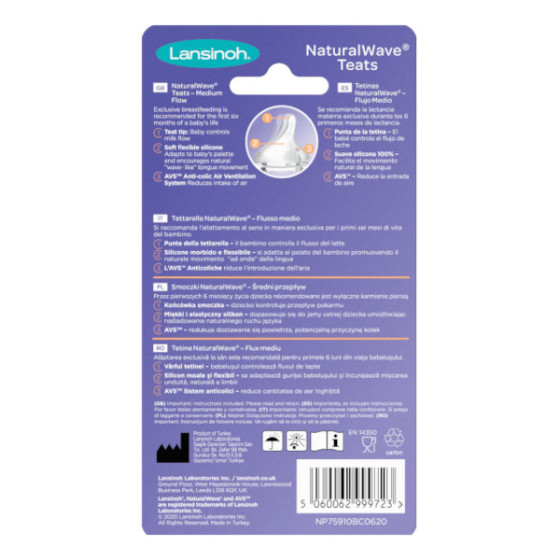 Lansinoh Smoczek do butelki Natural Wave o średnim przepływie M 2 sztuki
