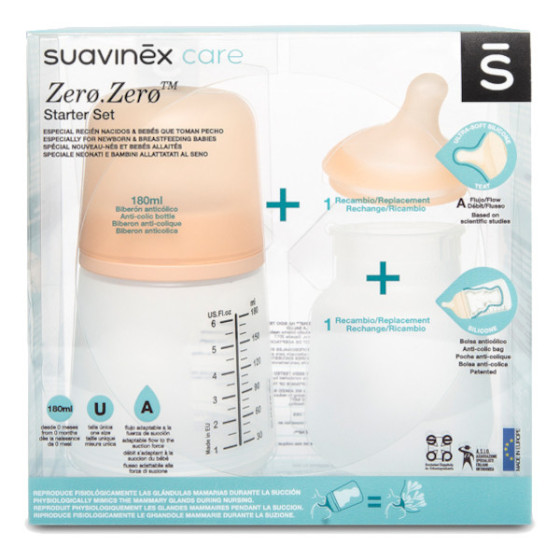 Suavinex Butelka ZERO ZERO Zestaw 180ml regulowany przepływ 0m+ A