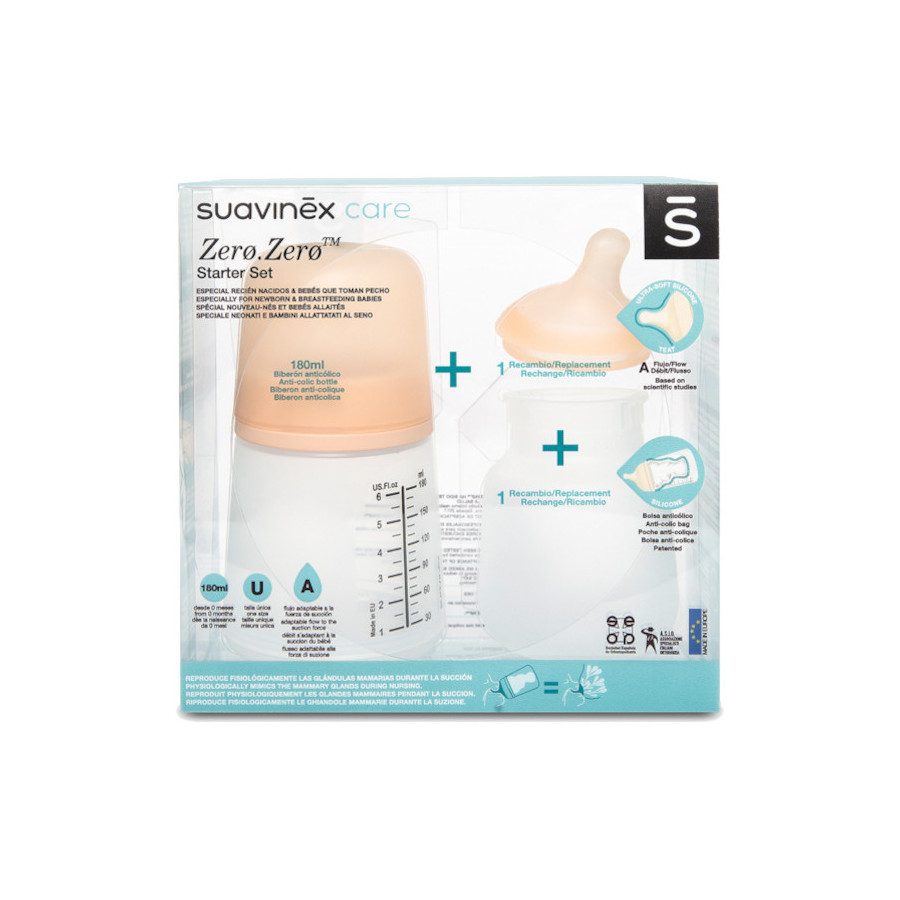 Suavinex Butelka ZERO ZERO Zestaw 180ml regulowany przepływ 0m+ A