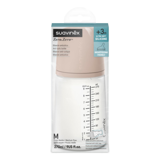 Suavinex Butelka ZERO ZERO antykolkowa 270ml smoczek 3m+ M