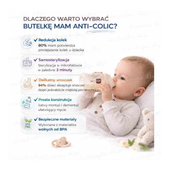 Zalety butelki MAM Baby Anti-Colic redukcja kolek i samosterylizacja