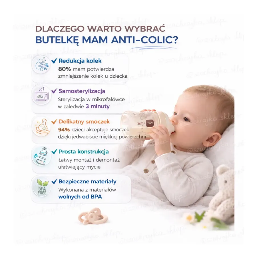 Zalety butelki MAM Baby Anti-Colic redukcja kolek i samosterylizacja